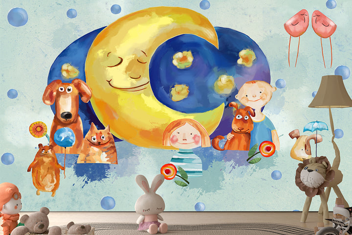 Watercolor Mural, Nursery Wall Decor, Cartoon Mural, Girls Wall Decals, Kids Wall Decal, Blue Wall Decal, Puppy Theme Mural
