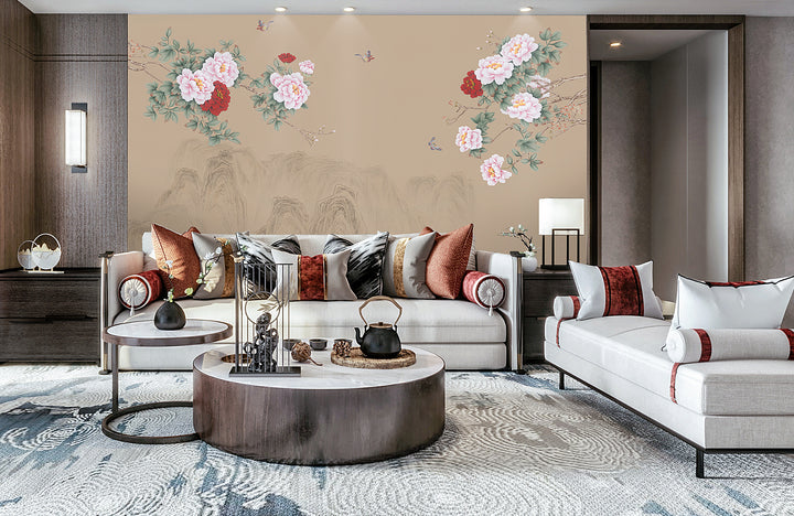 Traditional Chinese Floral Wallpaper, Peony and Bird Wall Art, Pastoral Landscape Wall Decor, Elegant Home Interior Design, Asian Inspired Wall Mural