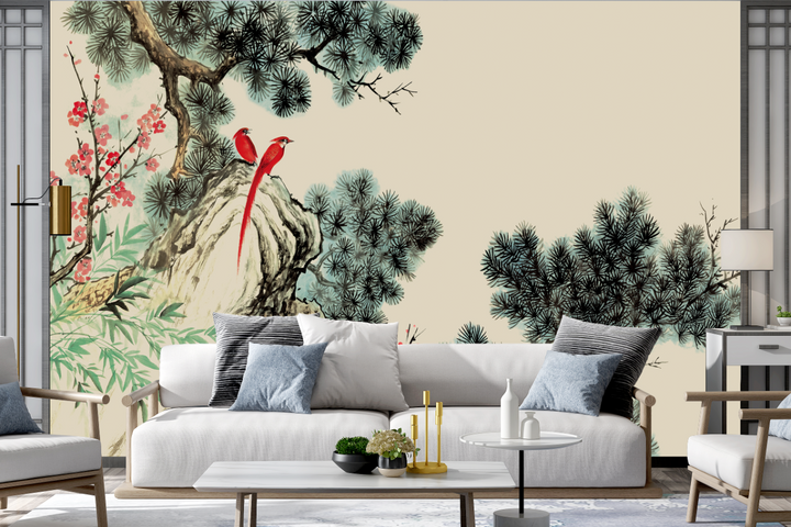 Watercolor Mural, Vintage Chinoiserie Landscape Wallpaper, Peel And Stick, Oriental Decor, Bird Mural, Watercolor Floral, Fabric Mural