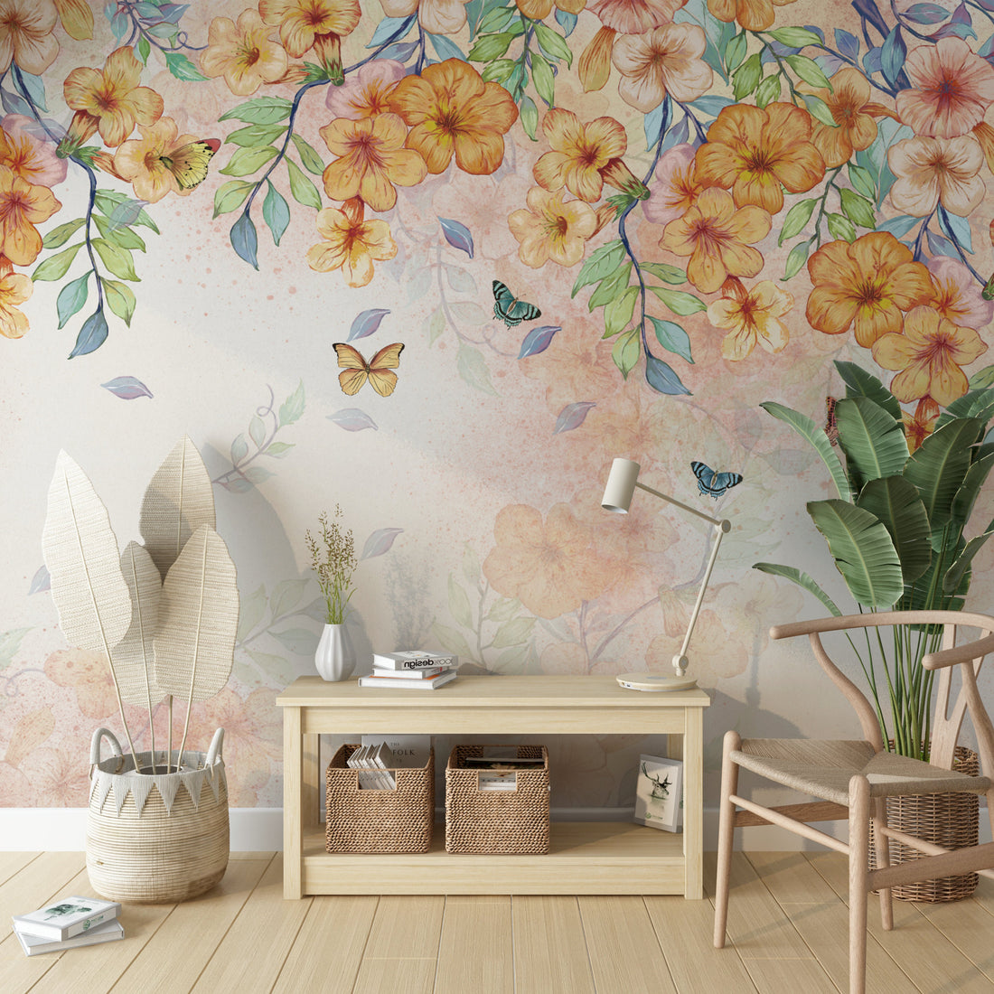 Floral Peel and Stick Wallpaper, Orange and Yellow Flower Wall Decor, Butterfly Wallpaper for Living Room, Self Adhesive Wallpaper, Nature-Inspired Wall Art, Elegant Home Decor