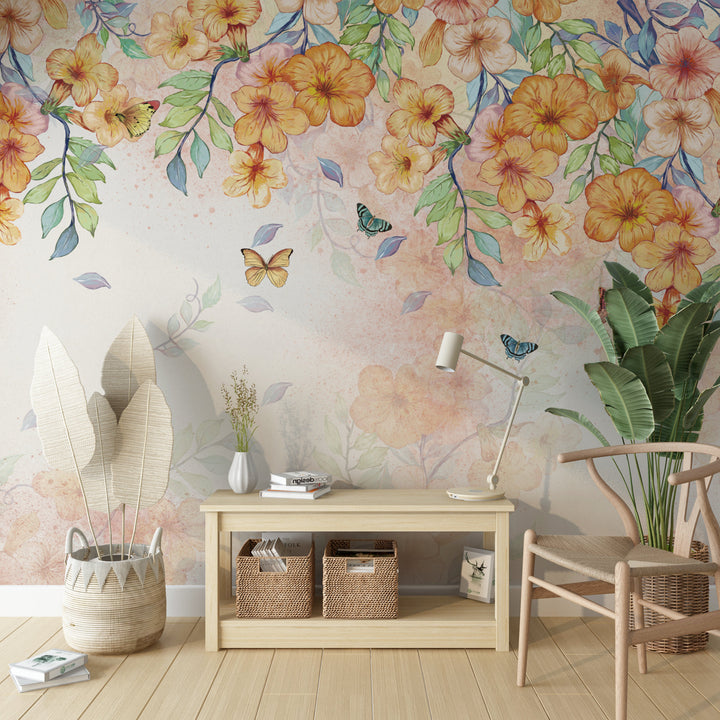 Floral Peel and Stick Wallpaper, Orange and Yellow Flower Wall Decor, Butterfly Wallpaper for Living Room, Self Adhesive Wallpaper, Nature-Inspired Wall Art, Elegant Home Decor