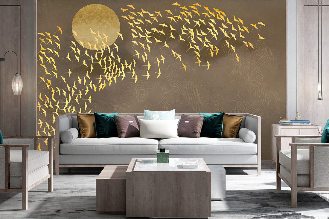 Chinoiserie Removable Wall Mural, Oriental Golden Birds & Moon Removable Wall Mural, Dark Wall Mural, Abstract Mural, Living Room Mural