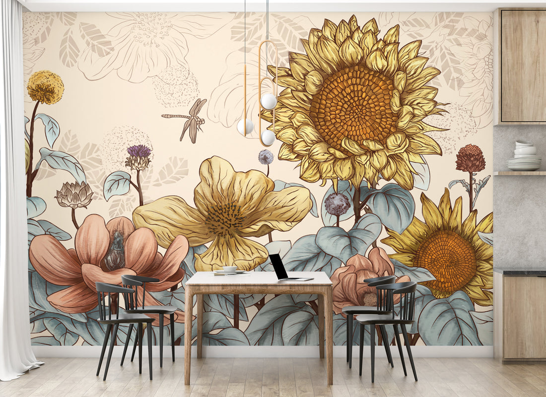 Floral Peel and Stick Wallpaper, Romantic Sunflower & Lotus Wall Decor, Warm Yellow & Pink Botanical Wallpaper, Self Adhesive Wallpaper for Living Room, Bedroom Design Ideas
