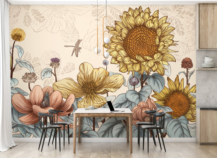 Floral Peel and Stick Wallpaper, Romantic Sunflower & Lotus Wall Decor, Warm Yellow & Pink Botanical Wallpaper, Self Adhesive Wallpaper for Living Room, Bedroom Design Ideas