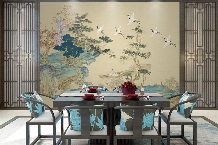 Retro Wallpaper, Vintage Chinoiserie Landscape Peel And Stick Wallpaper, Mountain Wall Mural, Peel And Stick, Vintage Mural