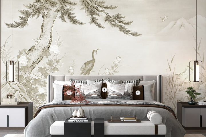 Vintage Chinoiserie Floral Bird Wall Mural, Removable No-Woven Peel And Stick For Living Room & Study, Peel And Stick For Nursery ,