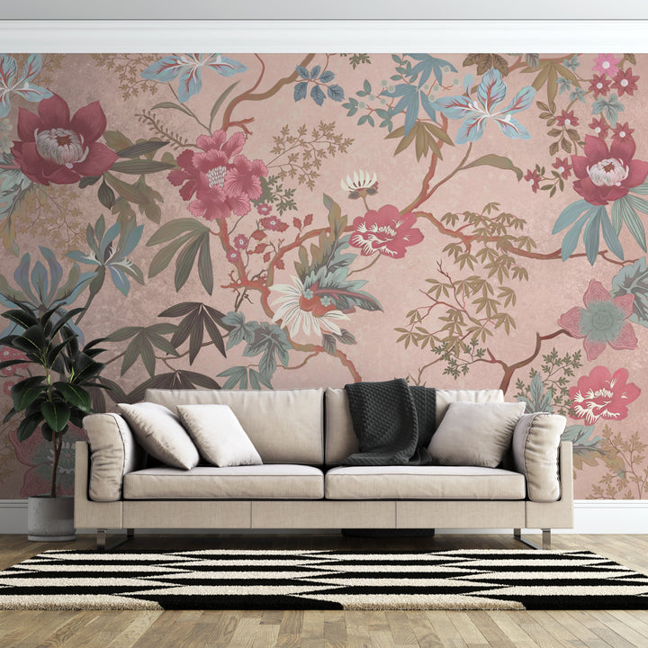 Floral Peel and Stick Wallpaper, Pink and Blue Botanical Wallpaper, Traditional Oriental Wall Art, Self Adhesive Wallpaper for Living Room, Bedroom Decor
