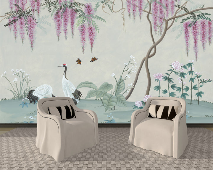 Chinese Ink Painting Wall Art, Elegant Crane and Wisteria Floral Canvas Print, Traditional Asian Home Decor, Serene Nature Landscape Artwork, Butterfly and Flower Wall Decor