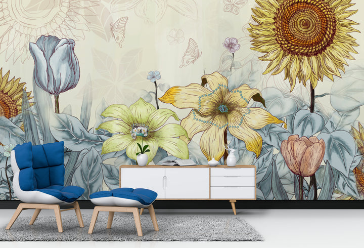 Floral Peel and Stick Wallpaper, Butterfly Wall Decor, Natural Flower Wallpaper, Living Room Wall Decor Ideas, Self Adhesive Wallpaper, Modern Farmhouse Decor, Botanical Prints Framed
