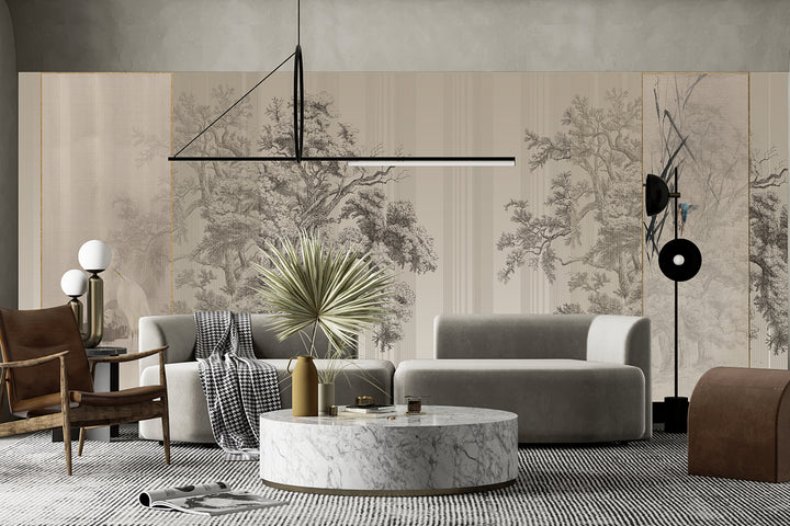 Black and White Theme Mural, Sketch Wallpaper, Franch Style Wallpaper, Tree Wall Mural, Luxury Mural,  Living Room Decor, Dark Wall Decal