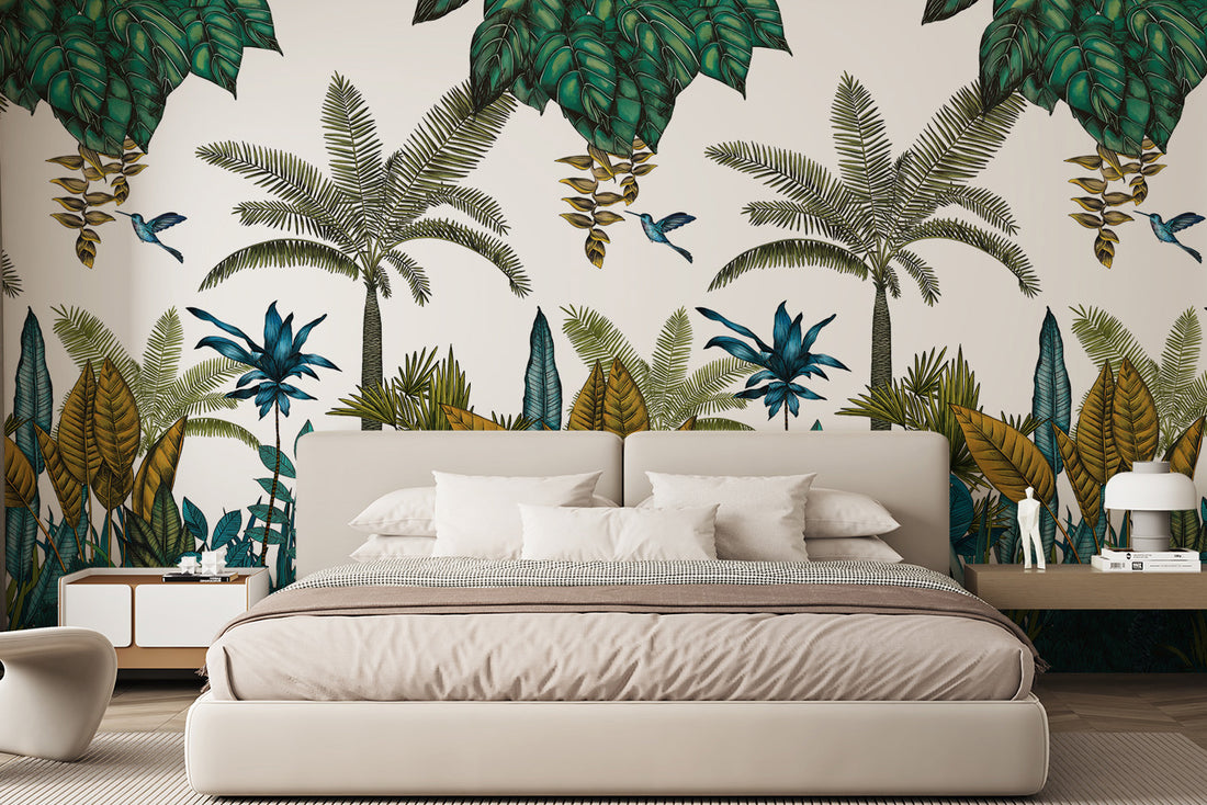 Black And White Wallpaper, Tropical Jungle Peel And Stick Mural, Botanical Decor, Wild Forest Wallpaper, Blue Wall Decor, Trees Wallpaper