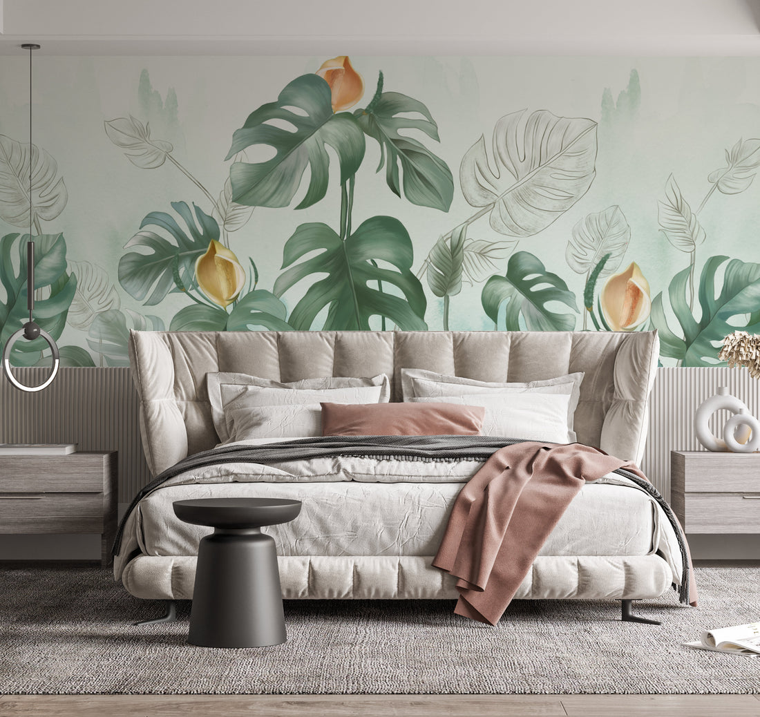 Botanical Peel and Stick Wallpaper, Tropical Leaf Wall Decor, Living Room Wallpaper Ideas, Self Adhesive Wallpaper, Modern Living Room Decor, Jungle Themed Wall Art, Relaxing Bedroom Wallpaper