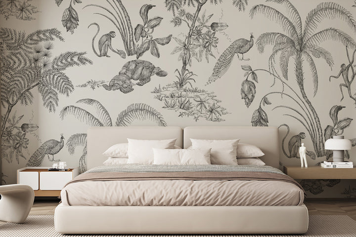 Black And White Theme Wallpaper, Vintage Chinoiserie Fabric Mural, Oriental Decor, Peel And Stick, Scenic Decor, Floral Jungle Mural