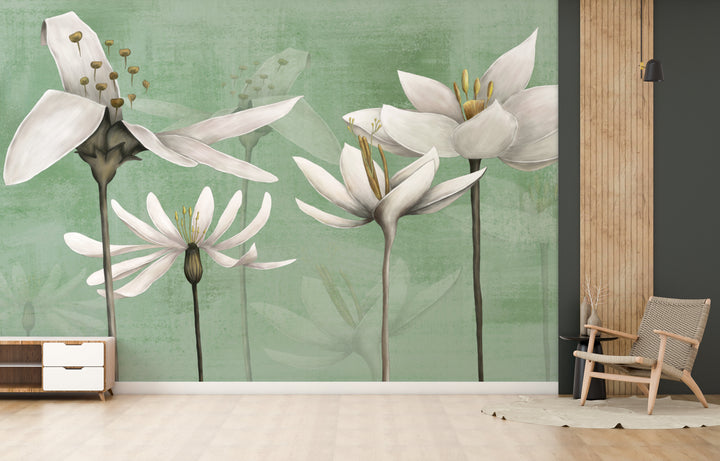 Floral Peel and Stick Wallpaper, White Lily Wall Decor, Botanical Wallpaper for Living Room, Self Adhesive Wallpaper, Green Floral Wallpaper, Nature Inspired Wall Art