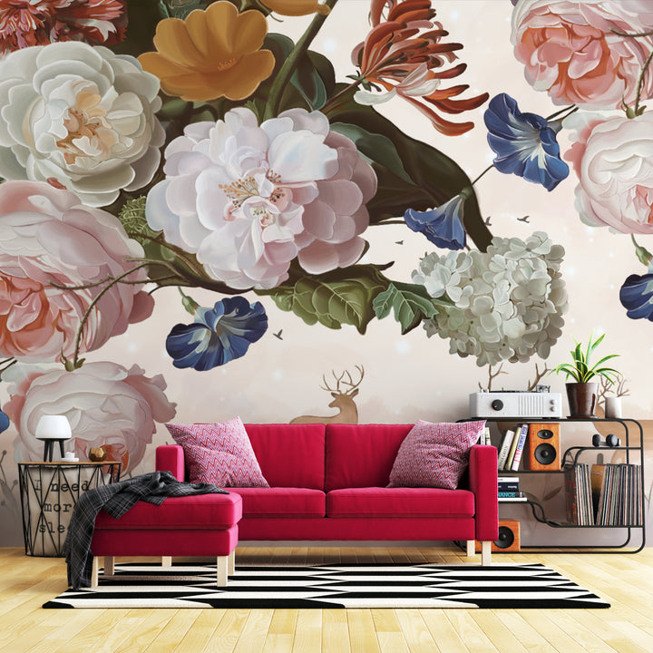 Floral Deer Wallpaper, Pink Peonies Wall Decor, Pastel Forest Wallpaper, Elegant Nature Wallpaper, Peel and Stick Wallpaper, Living Room Wall Decor Ideas, Bedroom Wallpaper, Self Adhesive Wallpaper