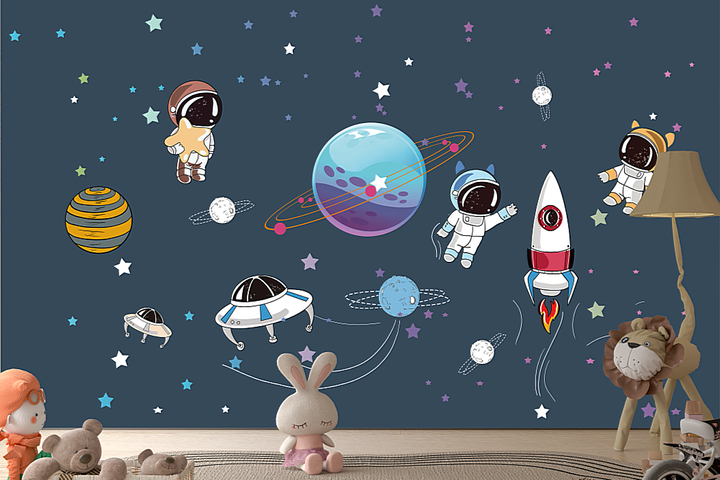 Kids Room Wallpaper, Fabric Mural, Ideal For Bedroom/Living Room, Chinoiserie Mural, Cartoon Space Adventure Removable Wall Mural