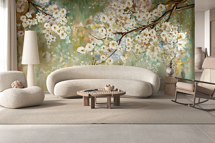 Floral Blossom Removable Wall Mural, Peel And Stick, Ideal For Bedroom/Living Room, Chinoiserie Mural, Abstract Mural, Floral Wallpaper