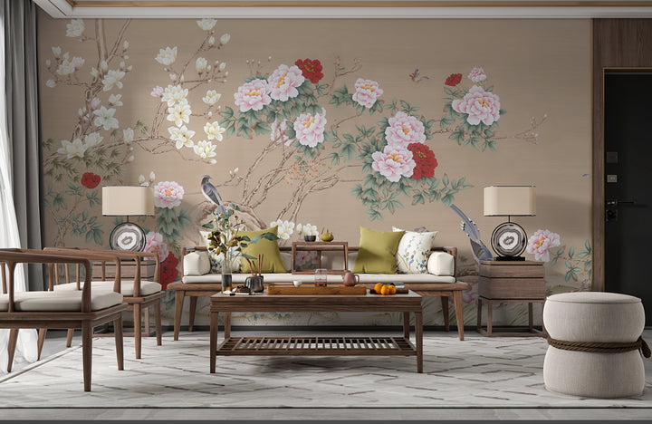 Chinese Traditional Floral Wallpaper, Peony and Magnolia Peel and Stick Wallpaper, Elegant Bird Wall Art, Self Adhesive Wallpaper for Living Room, Asian Inspired Wall Decor