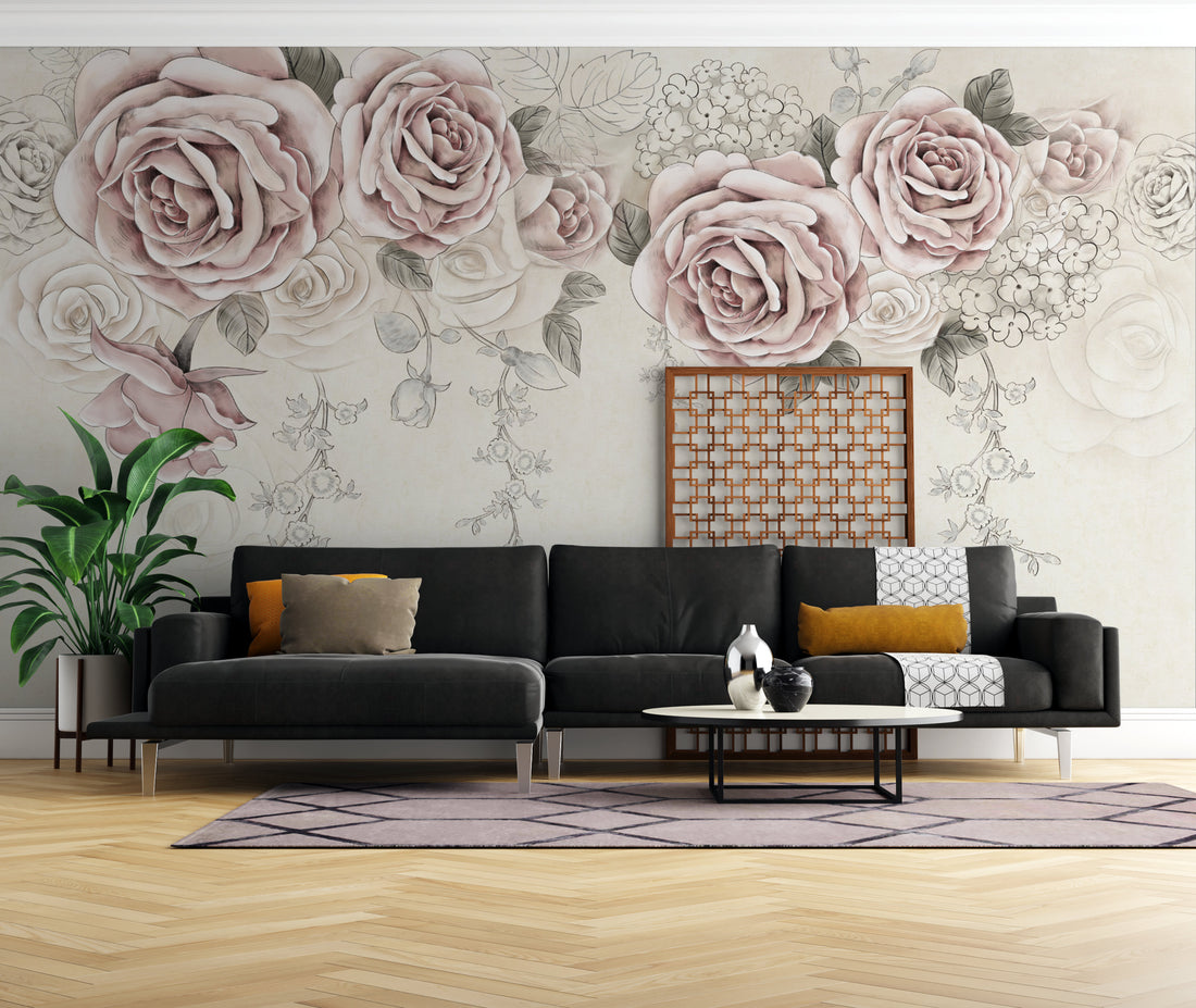 Floral Peel and Stick Wallpaper, Pink and Grey Roses, Elegant Living Room Decor, Romantic Bedroom Wallpaper, Self Adhesive Wallpaper, Modern Farmhouse Decor