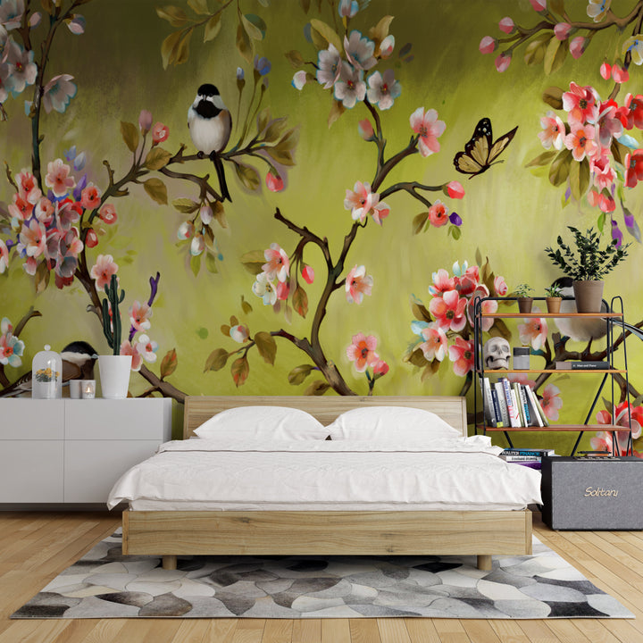 Nature Inspired Wallpaper, Beautiful Floral and Bird Wall Art, Blue Background Peel and Stick Wallpaper, Modern Living Room Decor Ideas, Large Canvas Wall Art, Self Adhesive Wallpaper for Bedroom