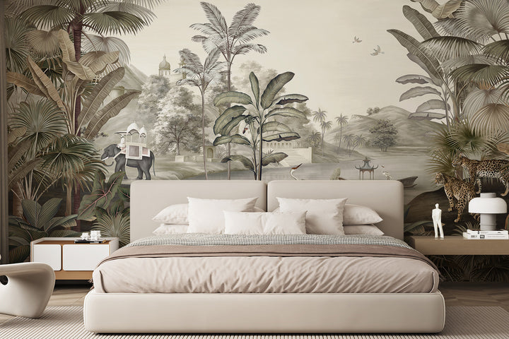 Tropical Colonial Landscape Peel And Stick Wallpaper, Blue Vintage Jungle Non Woven Mural, Coastal River Scene Wall Mural