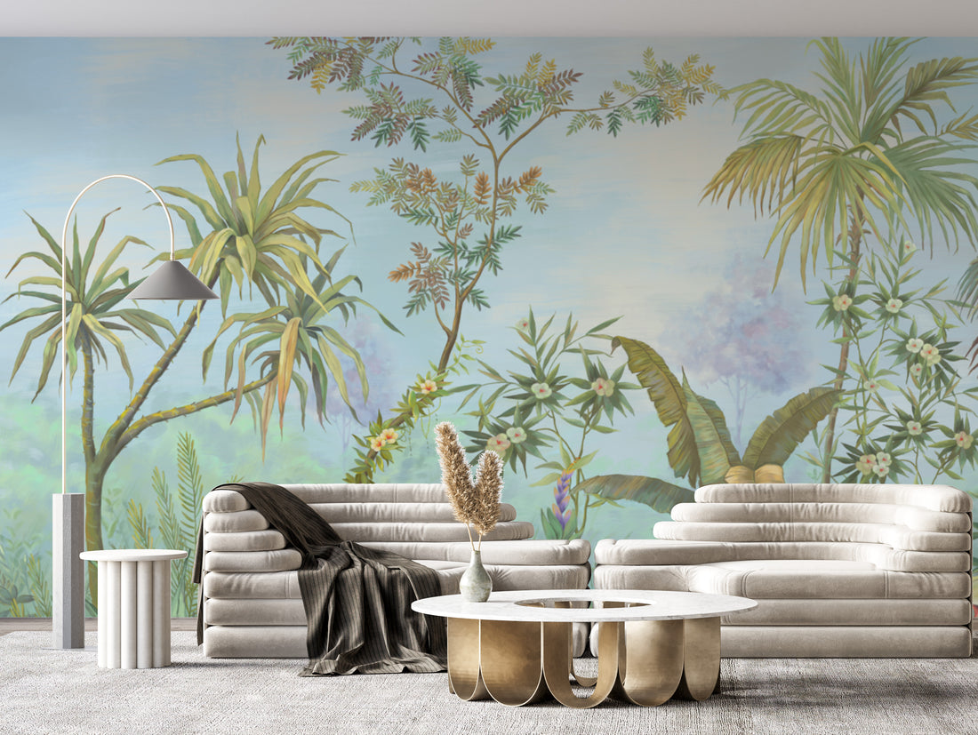 Tropical Rainforest Peel and Stick Wallpaper, Lush Green Botanical Wall Decor, Pastel Sky Jungle Wall Mural, Living Room Decor Ideas, Bedroom Wall Art, Self Adhesive Removable Wallpaper