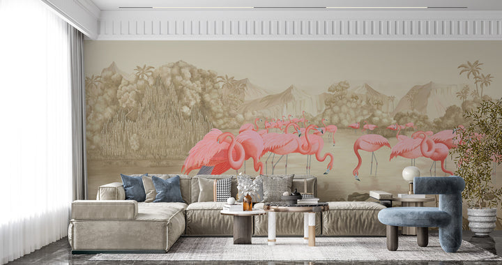 Flamingo Habitat Wallpaper, Tropical Wall Decor, Pink Flamingo Wall Art, Nature Inspired Wallpaper, Peel and Stick Wallpaper, Living Room Wall Decor Ideas, Modern Bathroom Design Ideas