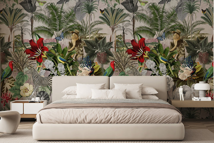 Floral Wall Art, Room Decoration, Animal Wallpaper, Jungle Theme Mural, Green Theme, Forest Wall Mural, Fabric Or Non-Waven, Tree Wallpaper