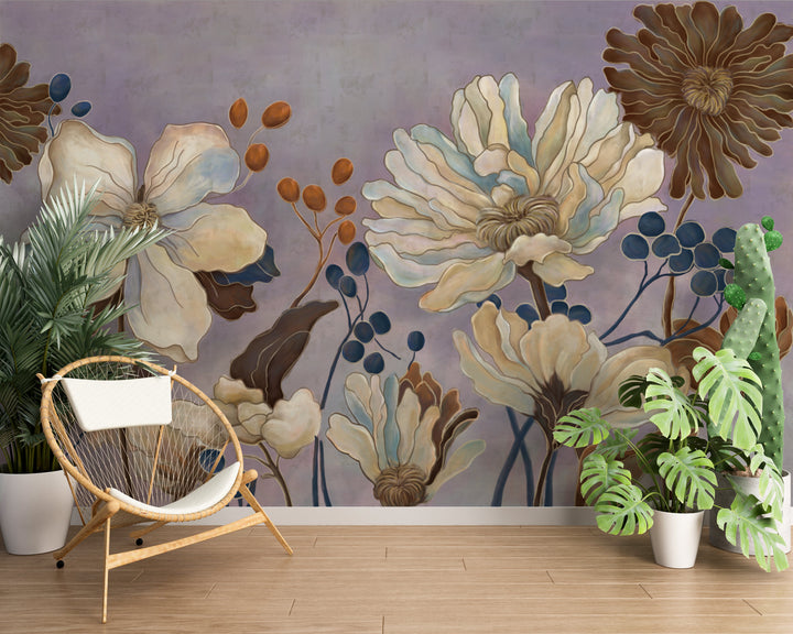 Floral Peel and Stick Wallpaper, Botanical Wall Art for Living Room, Blue and Gold Wallpaper, Large Canvas Wall Art, Modern Farmhouse Decor, Affordable Home Decor
