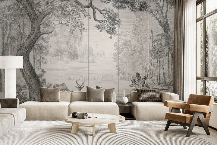 Franch Style Mural, Sketch Wallpaper, Black and White Wallpaper, Tree Wall Mural, Luxury Mural, Landscape Mural, Living Room Decor