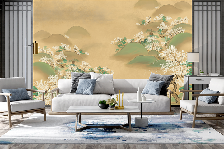 Vintage Chinoiserie Wallpaper, Landscape Peel And Stick Wallpaper, Mountain Wall Mural, Flower Mural, Botanical Wallpaper, Whimsical Mural