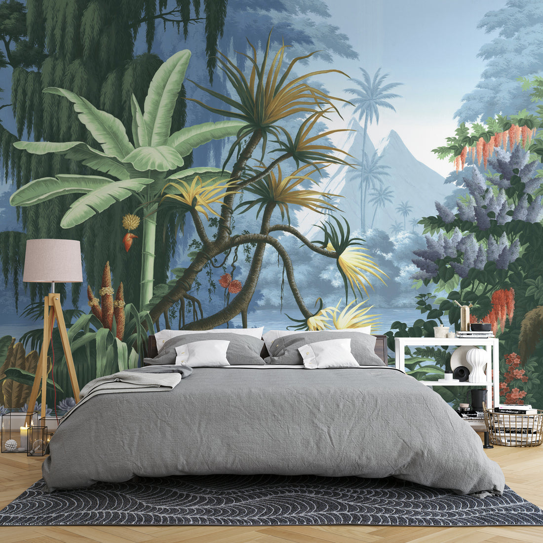 Tropical Rainforest Wallpaper, Lush Green Leaves Wall Art, Palm Tree Landscape Print, Botanical Wall Decor, Nature-Inspired Living Room Decor, Large Canvas Wall Art
