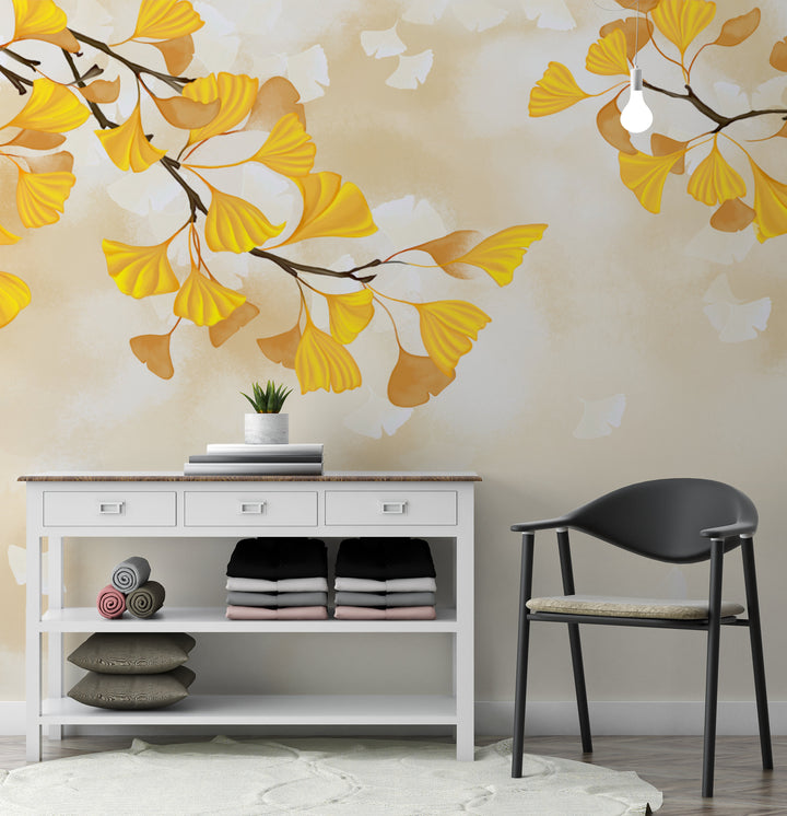 Golden Ginkgo Leaf Peel and Stick Wallpaper, Autumn-Inspired Wall Decor, Botanical Wall Art, Living Room Design Ideas, Modern Farmhouse Decor