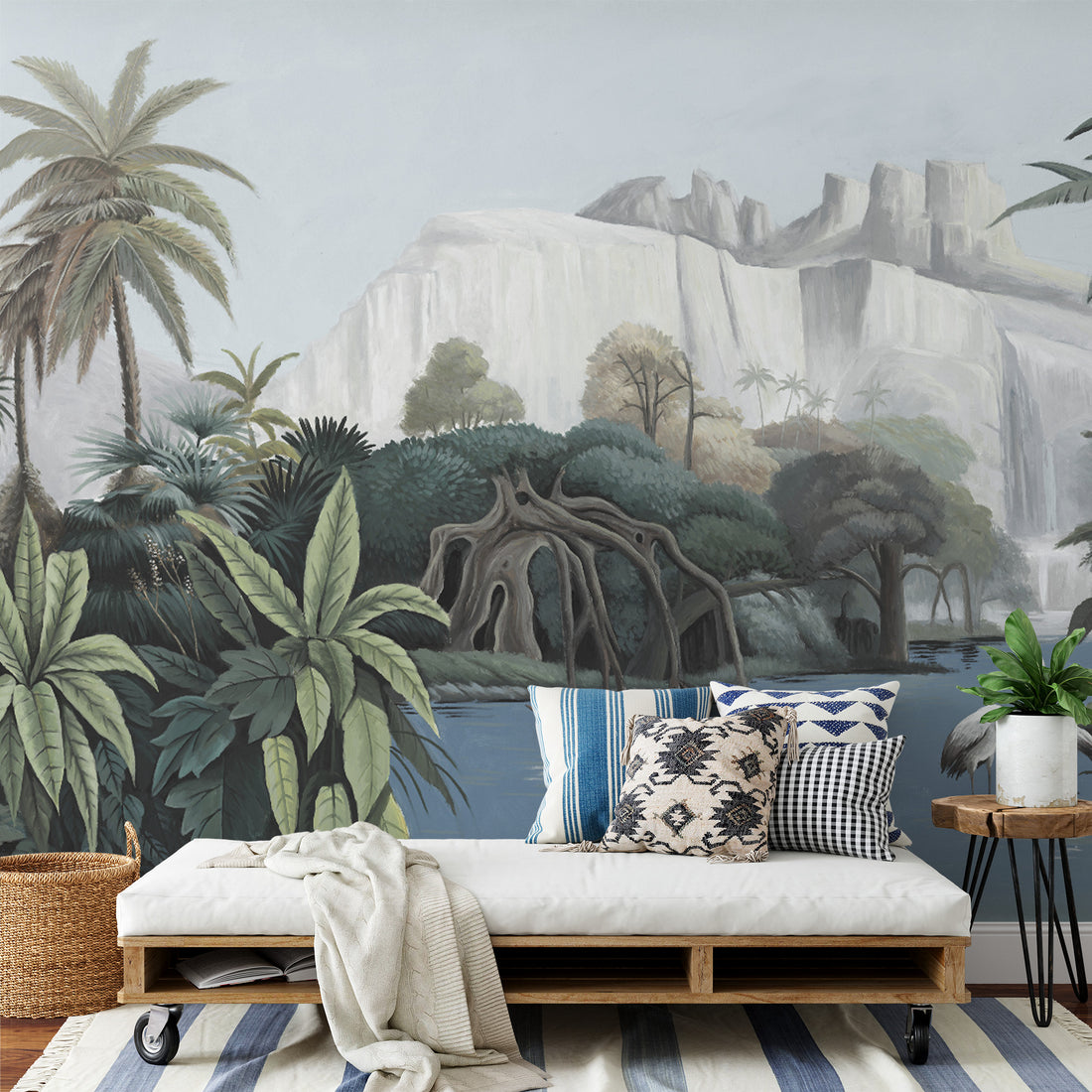 Tropical Landscape Wall Art, Waterfall Canvas Print, Palm Tree Wall Decor, Nature Wall Mural, Large Wall Art for Living Room, Modern Home Decor