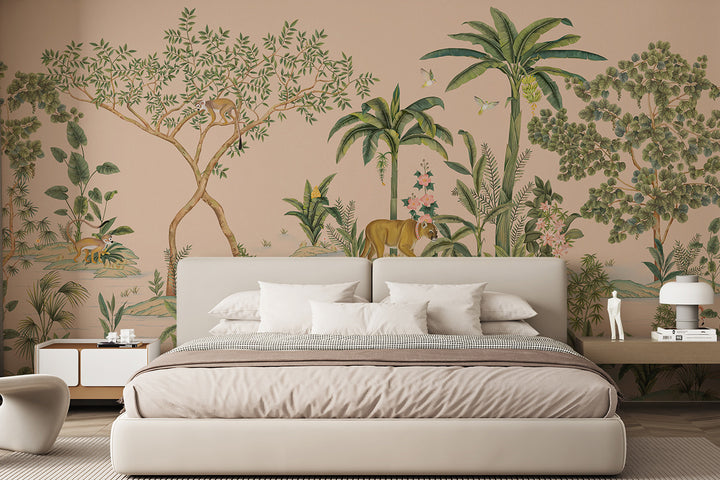 Tropical Jungle Wallpaper, Hand-Painted, Animal-Filled, Forest Wallpaper, Bedroom Wallpaper, Wall Mural Safari, Peel And Stick Wallpaper