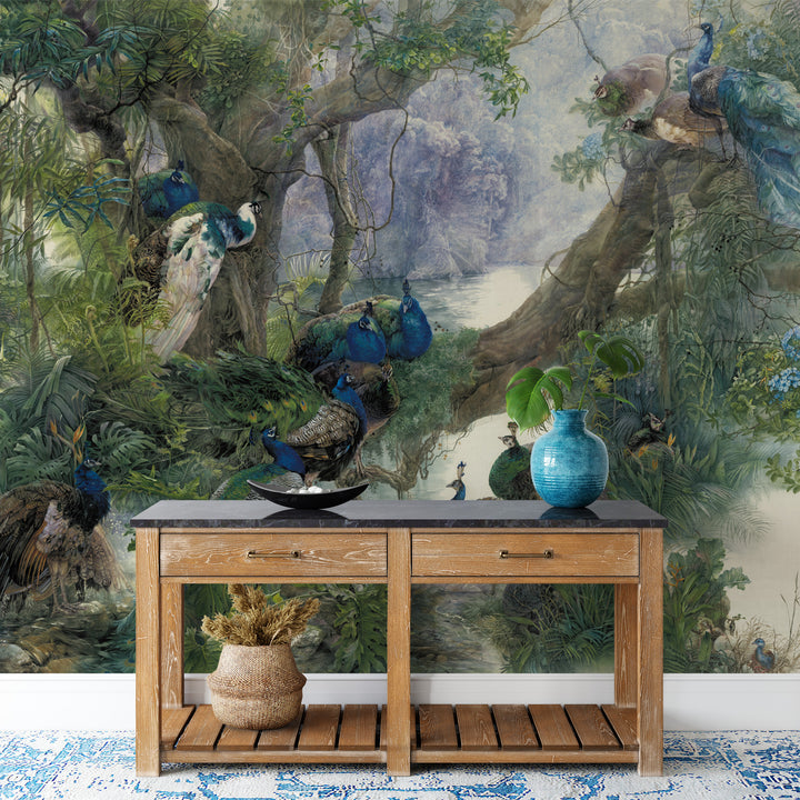 Beautiful Nature Landscape Wallpaper, Peacock Forest Wall Art, Green Botanical Wall Decor, Large Canvas Prints for Living Room, Serene Wildlife Wall Painting, Modern Wall Art for Home