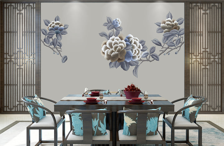 Chinese Floral Wallpaper, Traditional Peony Wall Decor, Blue and Beige Floral Pattern, Elegant Living Room Wallpaper, Asian Inspired Home Decor, Peel and Stick Wallpaper, Self Adhesive Wallpaper