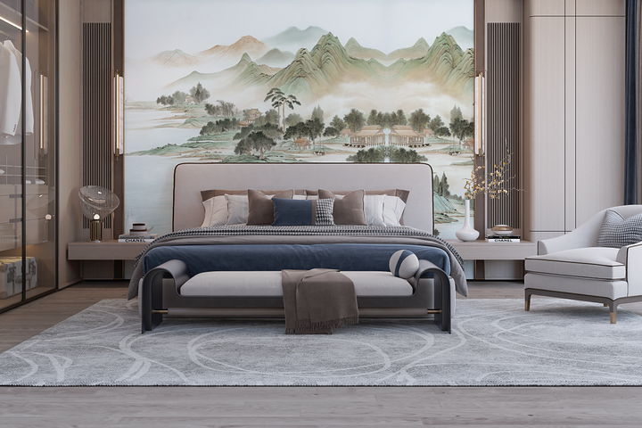 Retro Wallpaper, Vintage Chinoiserie Mural, Mountain Wall Mural, Peel And Stick, Landscape Mural, Wall Art, Pastel Mural, Luxury Wall Mural