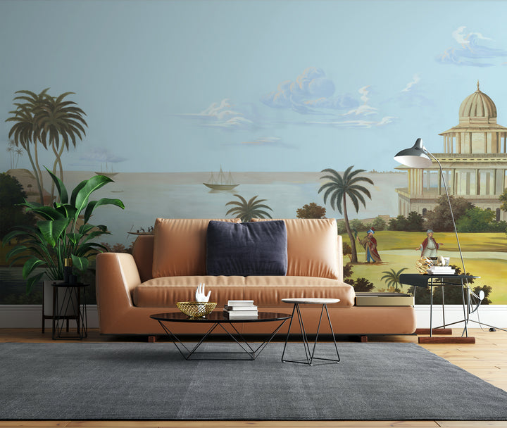 Ancient Landscape Wallpaper, Egyptian and Babylonian Style Wall Art, Tropical Palm Tree Wall Decor, Historical Building Wall Mural, Vintage Scenery Peel and Stick Wallpaper, Large Canvas Wall Art