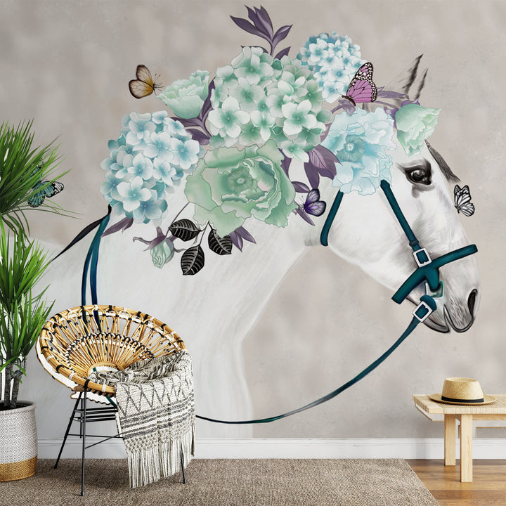 Serene Horse Floral Wallpaper, Peel and Stick Wallpaper for Living Room, Modern Wall Art for Living Room, Large Canvas Wall Art, Black and White Wall Art, Living Room Decor Ideas