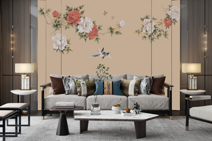 Peonies Wall Mural, Watercolor Mural, Vintage Chinoiserie Wallpaper, Oriental Decor, Vintage Art, Home Decoration, Living Room Mural