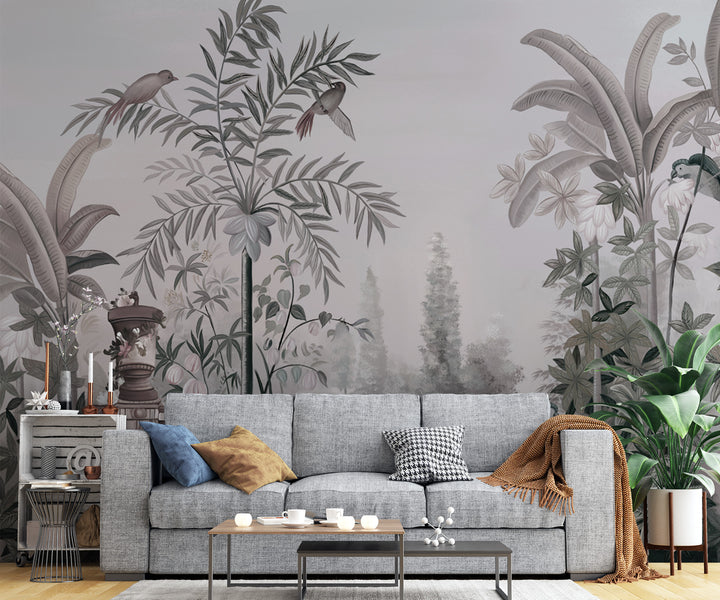 Classic Botanical Wallpaper, Tropical Palm Leaf Design, Vintage Floral Wallpaper, Living Room Wall Decor, Peel and Stick Wallpaper, Naturalistic Scene, Elegant Home Decor