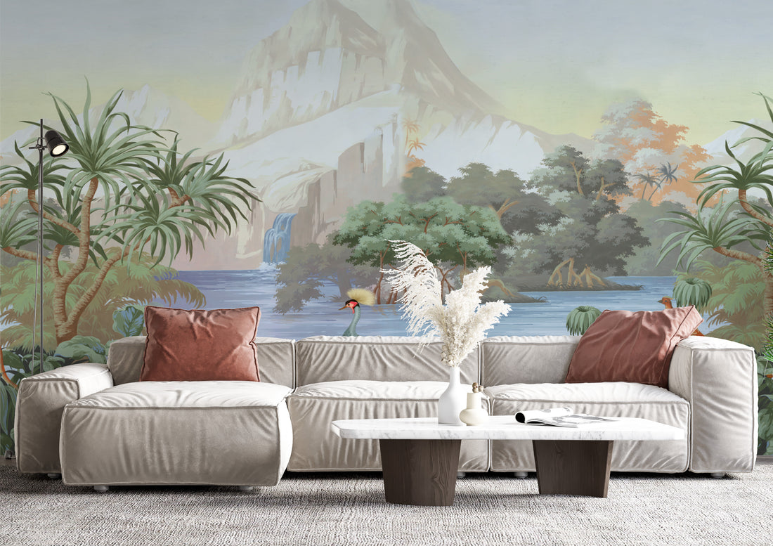 Tropical Landscape Wallpaper, Serene Mountain Scene, Lush Palm Trees, Calm Water Reflection, Vibrant Birdlife, Nature-Inspired Decor, Peel and Stick Wallpaper, Living Room Wall Decor Ideas, Modern Interior Design