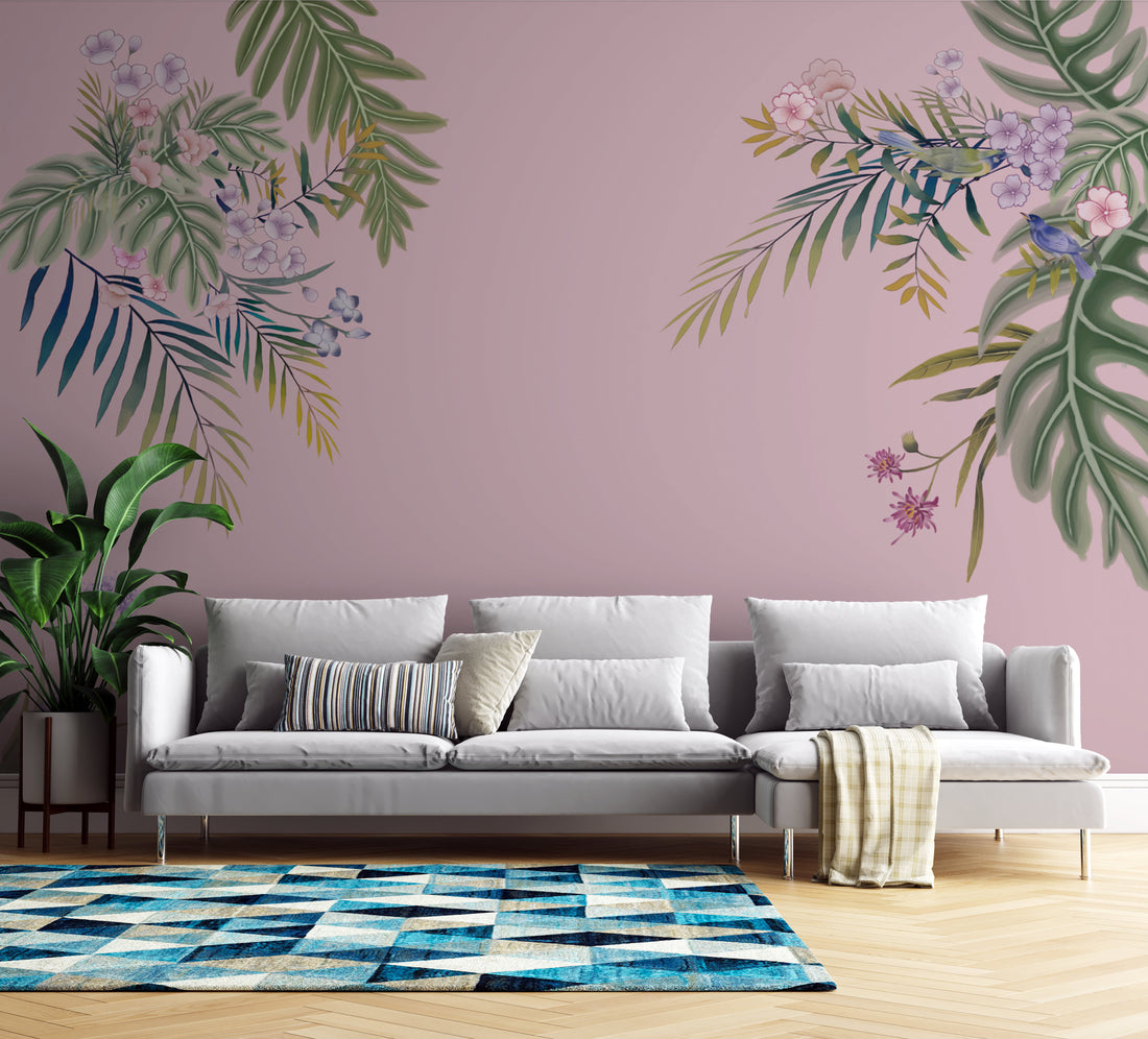 Floral Peel and Stick Wallpaper, Tropical Botanical Wall Decor, Blue and Green Leaf Design, Pink Flower Wall Art, Self Adhesive Wallpaper, Nature Inspired Living Room Decor