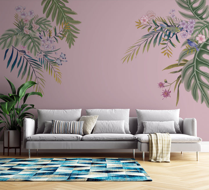 Floral Peel and Stick Wallpaper, Tropical Botanical Wall Decor, Blue and Green Leaf Design, Pink Flower Wall Art, Self Adhesive Wallpaper, Nature Inspired Living Room Decor