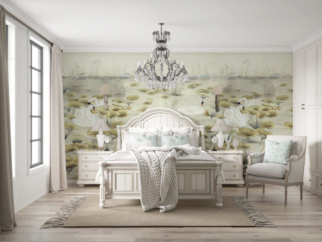 Traditional Lake Scene Wallpaper, Serene Swan & Lotus Design, Chinese Inspired Wall Art, Calming Neutral Tones, Peel and Stick Wallpaper, Living Room Decor Ideas, Bedroom Wall Decor