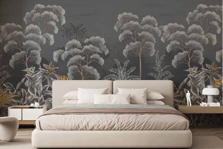 Dark Wall Mural, Floral Wall Art, Scenic Wall Art, Forest Wallpaper, Wall Decal, Pastel Wallpaper, Forest Wall Mural, Black And White Mural