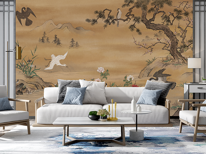 Chinoiserie Landscape Wallpaper, Peel And Stick, Traditional Chinese Art Decor, Nature-Inspired Wall Mural, Vintage-Style Design