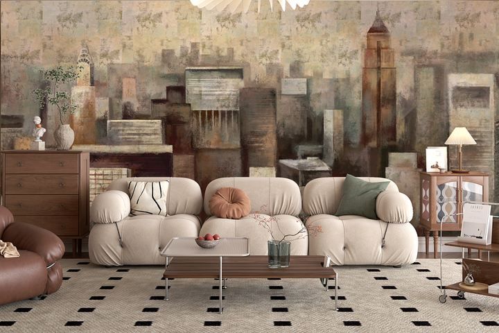 Abstract Cityscape Removable Wall Mural, Peel And Stick Wallpaper, Abstract Mural, Bedroom Wall Decor, Living Room Decor, Retro Wallpaper