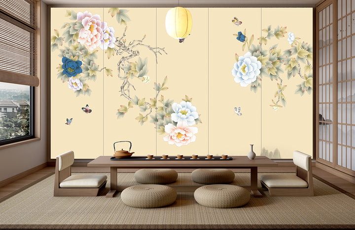 Chinese Floral Wallpaper, Traditional Peony Wall Art, Butterfly Wall Decor, Elegant Scroll Painting Design, Pastel Home Decor, Asian Inspired Wallpaper, Serene Mountain Background, Intricate Floral Patterns